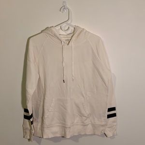 Off-white hoody with black stripes on sleeves